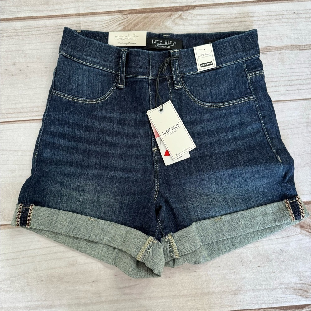 Judy Blue High Waist Dark Whisker Wash Denim Rolled Hem Pull On Jean Shorts